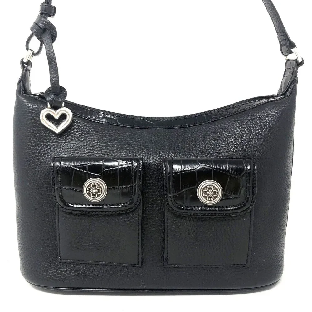 Brighton Pebbled Leather Hobo Shoulder Bag Black Y2k Croc Embossed Queen of Love